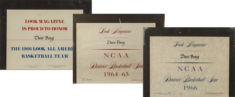 Lot of (3) 1965-66 Dave Bing Look Magazine Certificate Awards (Bing LOA)